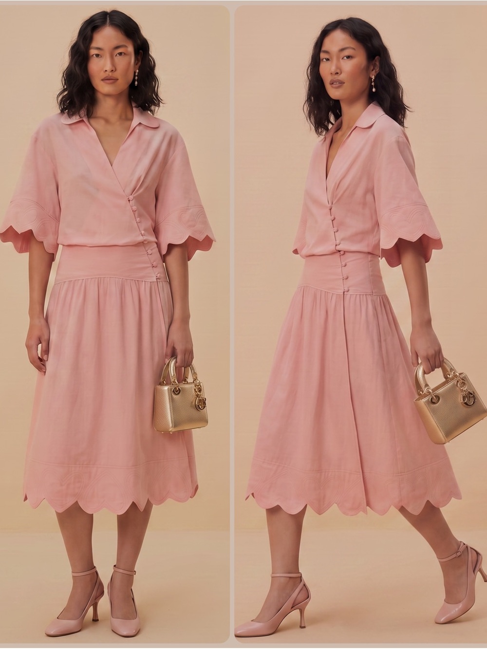 FARM Rio Blush Pink Scalloped Midi Skirt Dress